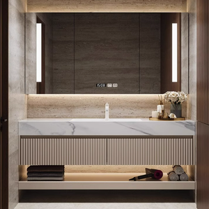 모던 호텔 욕실 세면대 화이트 대리석 상판 수납장 스트라이프 스타일 욕실장 공장 맞춤 제작 - Product Image 4