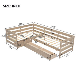 Children L Shape Combo Bed Solid Wood Frame <b>Storage</b> <b>Drawers</b> Bedroom Furniture For Kids - Product Image 4