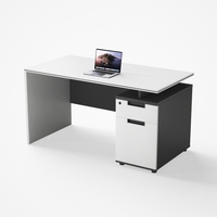 Bureau d'ordinateur moderne pour cadres avec tiroirs de rangement, petit bureau de travail à domicile, bureau de réception, bois bleu et gris