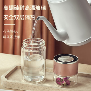 Taza de vidrio con separación de agua y té, de doble pared, gruesa, resistente al calor, portátil, para estudiantes femeninas, ideal para el verano. - Product Image 3