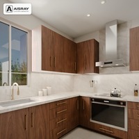 Meuble de cuisine de luxe, portes en stratifié au design moderne, aménagement en L, boîtes de rangement en contreplaqué et rangements extractibles