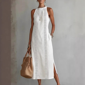 Vestido midi sin mangas para mujer, estilo halter, con encaje y patchwork, línea A, para vacaciones, Dropshipping Shopify, primavera. - Product Image 5