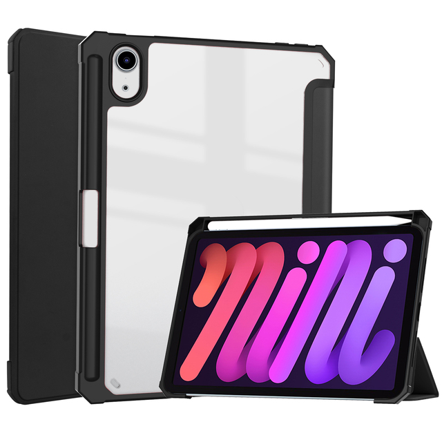 Tri Fold Leather Case for iPad Mini 6th Gen Soft TPU Transparent Acrylic Back Tablet Cover for iPad Mini 6 Case 8.3 Inch 2021