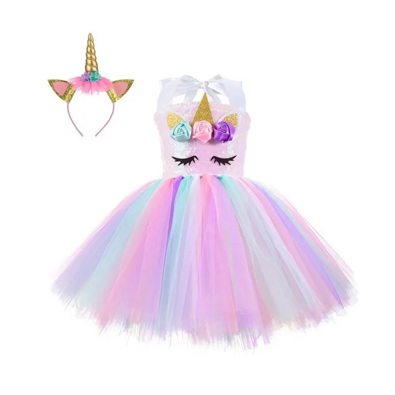 High quality Birthday Dance Halloween costume Party Dresses Sequin Unicorn Tutu Dress for Girls with Headband