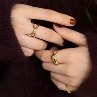 Joyería de acero inoxidable chapado en oro de 18K para mujer, anillos abiertos con domo cruzado de doble capa gruesa
