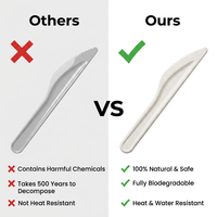 XS-D1 Ensemble d'ustensiles de table jetables en fibre de bagasse de canne à sucre, 100% compostable et biodégradable, couteau jetable