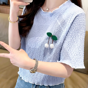 Chemise d'été décontractée à col rond et pompons pour filles, avec manches courtes, en polyester/coton, design autocollant personnalisable, respirante et écologique - Product Image 1