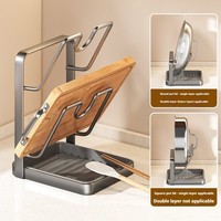 Support de rangement multifonctionnel pour couvercles de casseroles à 2 niveaux, support pour ustensiles de cuisine, type sur pied, support de rangement durable pour planches à découper
