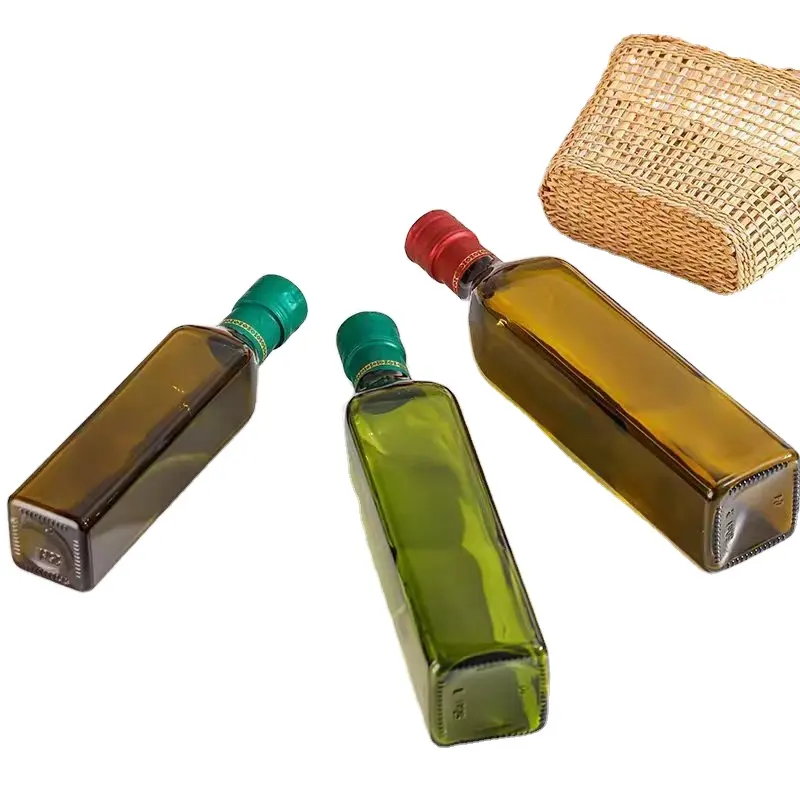 Commercio all'ingrosso vuoto 250ml 500ml 750ml verde scuro bottiglie di vetro di olio d'oliva quadrato con tappo in alluminio per olio d'oliva