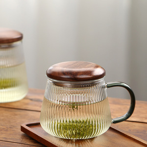 Taza de Té de Vidrio de Borosilicato Alto con Infusor y Tapa de Madera, Taza de Té Resistente al Calor con Rayas Verticales para Oficina y Hogar - Product Image 2
