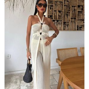 Conjunto de Top Halter y Pantalones de Ganchillo para Mujer, Verano 2026, Transpirable, con Diseño Calado y Decoración Floral 3D, Ropa de Playa - Product Image 3