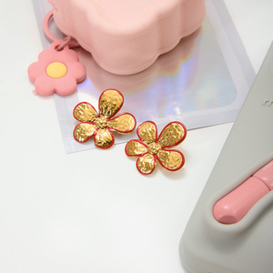 Flower Stud <b>Earrings</b> 18K Gold Plated <b>Red</b> Enamel Stainless Steel Post Gift Jewelry - Product Image 4