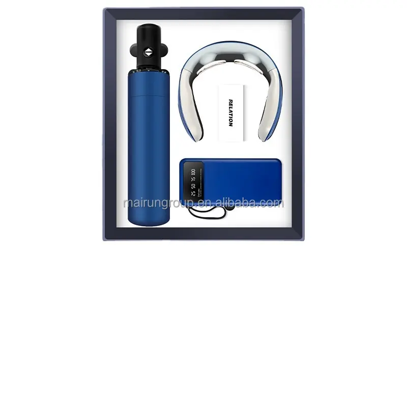 high class classical business book gift set with customized logo on Vacuum flask Neck massager Power bank gift box