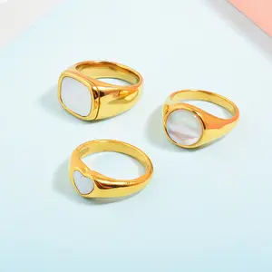 Shell Perhiasan Cincin Batu Wanita Korea 18K, Perhiasan Cincin Baja Tahan Karat Emas Antik Mewah
