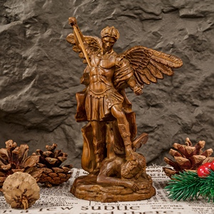 Estatua de Madera del Arcángel Miguel, Escultura <span class=keywords><strong>Redonda</strong></span> Completa, Ángel Guerrero de Boj que Derrota al Mal para la <span class=keywords><strong>Iglesia</strong></span> Cristiana y Decoración del Hogar - Product Image 2