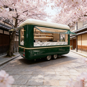 Carrito de Comida Móvil de Acero Inoxidable Verde Oscuro con Encimeras de Mármol para Venta de Helados y Comida Rápida en Mercados Nocturnos - Product Image 4