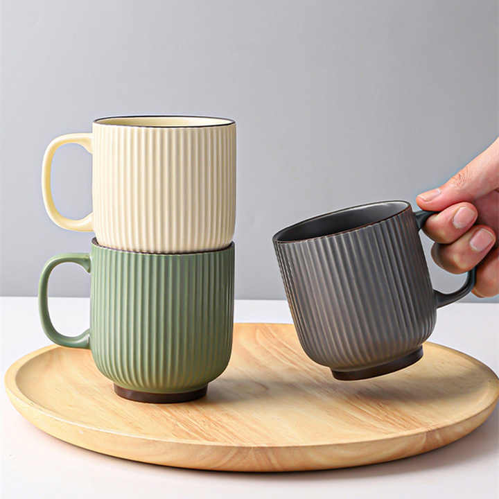Wholesale Modern Vintage 12oz Green Grey White Glazed Unique Stripe Ceramic Coffee Mug