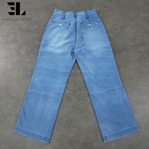LARSUR Custom Factory Distressed Acid Wash Sun Faded Twill <strong>Moleskin</strong> Chore French Blue Work Pants Straight French Work <strong>Trousers</strong> - Product Image 3
