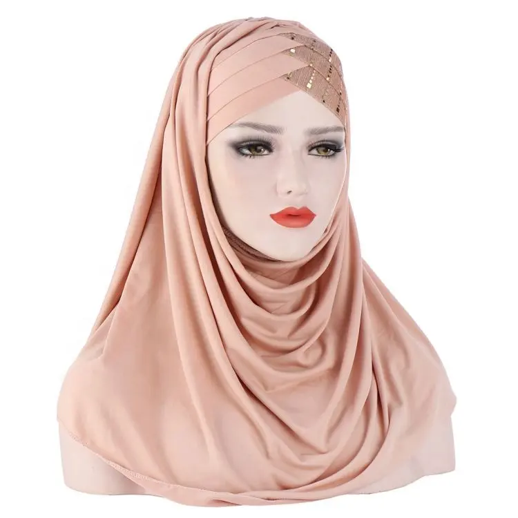 Trán Chữ Thập Sẵn Sàng Hijab Rắn Màu Long Lanh Sequin Khăn Hồi Giáo Headband Phụ Nữ Hijab Cap