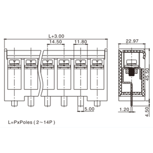 Bloc de bornes à barrière en laiton XLCF <span class=keywords><strong>BHY</strong></span> 8-XX-14.5-02-C à 7 pôles, espacement de 14,5 mm, pour fils de plus de 30 AWG, 40 A, vis en acier, couple de serrage de 20 Lbf-in - Product Image 3