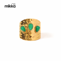 Grüner Naturstein Edelstahl 18 Karat vergoldet Metall Mode breiter Ring Charm Textur wasserdichter Schmuck Frauen