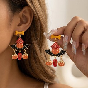 Boucles d'oreilles pendantes fantaisie en émail Resoul, motif citrouille et aile de chauve-souris, avec strass, pour <span class=keywords><strong>femme</strong></span>, bijoux de fête d'<span class=keywords><strong>Halloween</strong></span> - Product Image 1
