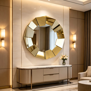 Espejo Decorativo de Pared Redondo Dorado de Lujo con Diseño Geométrico Biselado, Espejo de Acento sin Marco para Decoración de Entrada de Villa u Hotel - Product Image 2