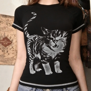 เสื้อยืดผู้หญิงลายสัตว์สไตล์ Y2K ผ้าถักยืดหยุ่น ระบายอากาศได้ดี เหมาะสำหรับฤดูร้อน คอกลม สีตัดกัน แขนสั้น สวมใส่สบายๆ แบบลำลอง - Product Image 3