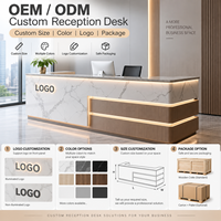 Comptoir de réception pour salon de beauté, design incurvé, bois et blanc, avec éclairage LED décoratif, logo personnalisé, taille sur mesure