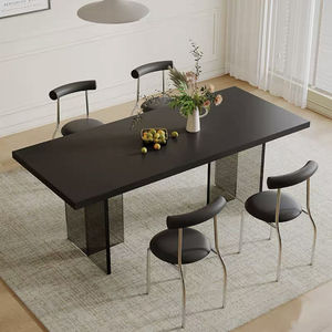 Mesa de comedor moderna minimalista de madera maciza, diseño de losa rectangular en negro puro para apartamentos pequeños, estilo de lujo ligero - Product Image 4