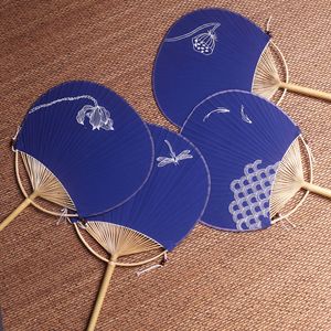 Handmade Embroidered Bamboo Fans Round Blue Fabric Dyeing Classical Style For Performances Art Collectible Summer Use - Product Image 1