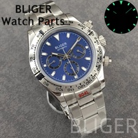 Montre automatique chronographe analogique pour homme BLIGER 30-34 mm, lumineuse, 10 bars, boîtier en acier inoxydable argenté, verre saphir