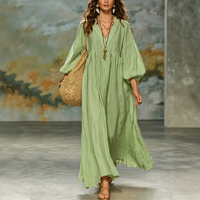 Robe longue de vacances Lazy Trend Siemia pour femme en coton et lin, col en V profond, manches à volants, coupe ample et ourlet large