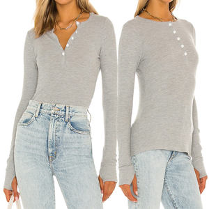 Soft Thermal Knit <strong>Women</strong> <strong>Top</strong> Long Sleeves Thumb Cut Outs Bodycon Grey <strong>Henley</strong> Tee - Product Image 5