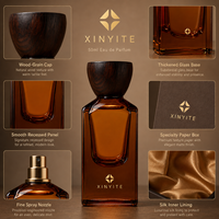Flacon de parfum vide en ambre de 50 ml, structure à double paroi unique, bouchon en bois, impression personnalisée de la marque, vente en gros