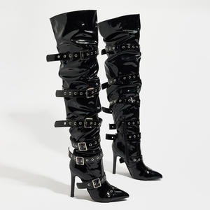 Bottes Hautes Style Punk Motard pour Femme, à Talons Hauts, Bout Pointu, <span class=keywords><strong>Cloutées</strong></span>, avec Fermeture Éclair et Boucle de Ceinture pour l'Hiver - Product Image 4