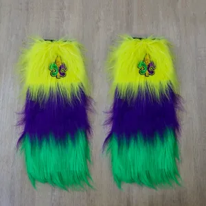 Chauffe-jambes en <span class=keywords><strong>fausse</strong></span> <span class=keywords><strong>fourrure</strong></span> HLC pour le Mardi Gras, or, violet, vert, avec motif fleur de lys, chauffe-pieds en <span class=keywords><strong>fausse</strong></span> <span class=keywords><strong>fourrure</strong></span>, chaussettes courtes pour enfants, anneaux de jambe - Product Image 2