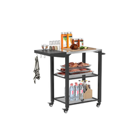 Chariot de service portable pour barbecue avec plateau en acier inoxydable brossé, extension noire et crochets en S