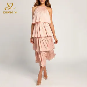 Benutzer definierte New Summer Mini Sexy Damen Wave Elegante ärmellose Rundhals ausschnitt Hängende Kurzarm Elastische Taille Plissee Strand kleider