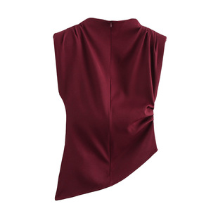 Top de verano para mujer con hombrera decorativa plisada, nuevo estilo Europeo Americano, venta al por mayor, Chaleco Corto, camiseta Sexy ajustada - Product Image 3