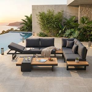 Ensemble <span class=keywords><strong>de</strong></span> mobilier <span class=keywords><strong>de</strong></span> patio <span class=keywords><strong>de</strong></span> luxe 3 pièces, directement <span class=keywords><strong>de</strong></span> l'usine, résistant à l'eau, en bois <span class=keywords><strong>et</strong></span> <span class=keywords><strong>aluminium</strong></span>, canapé-lit <span class=keywords><strong>de</strong></span> <span class=keywords><strong>jardin</strong></span> pour villa, toit ou terrasse - Product Image 2