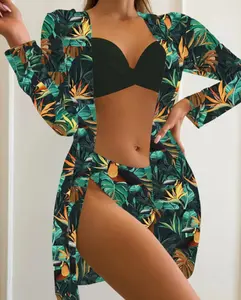 2022 Newest 2colors Print Design Bra Style Long Sleeve Swimsuit Beach Cover Up Floral Beach Bikini Cover Up Kimono For Women