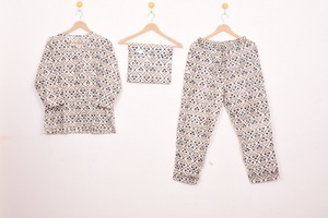 Conjunto de Pijama de Algodón para Mujer, Estampado Étnico, Cuello Redondo, 3 Piezas, Ropa de Dormir, Ropa de Noche de Verano - Product Image 1
