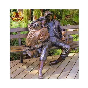 Custom Garden Life Size Metal Figure Love Couple Sculpture Brass Bronze Couple Sitting On Bench Sleeping Statue For Sale