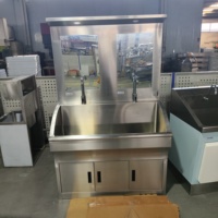 Station d'hygiène double poste en acier inoxydable avec miroirs LED et robinets à capteur pour usine de transformation alimentaire moderne