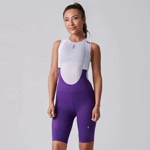 2023 nuovo arrivo pantaloncini con bretelle da ciclismo imbottiti di colore viola da donna pantaloncini da bici da strada traspiranti con tasche