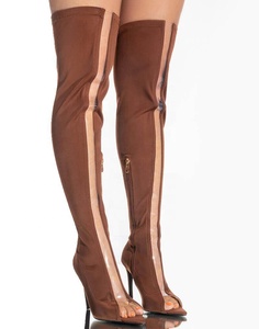 Bottes longues d'été pour femmes, extensibles, en PVC et daim, patchwork, au-dessus du genou, à bout ouvert, talons hauts - Product Image 5