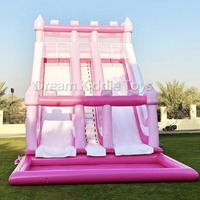 Grand toboggan gonflable rose et blanc à double voie avec piscine Double toboggan rose pastel pour enfants adultes pour les fêtes en plein air