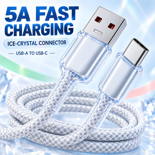 5A USB-A to USB-C Ice Crystal Fast Charging Cable Reinforced Connector Nylon Braided Wholesale