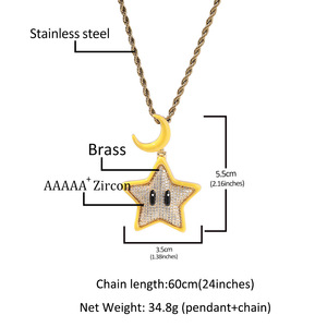 Collier pendentif étoile lumineuse de dessin animé créatif avec zircon cubique glacé brillant, pendentif lune fluorescent <span class=keywords><strong>BaiI</strong></span> Hiphop, chaîne de pendentif - Product Image 2